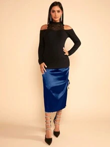 SHEIN Maternity High Waist Drawstring Split Thigh Satin Skirt - Navy Blue - View 3