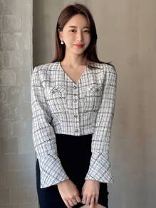 DAZY Chaqueta corta con bolsillo con solapa y estampado de cuadros