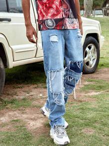 Manfinity EMRG Men Ripped Frayed Straight Leg Jeans - Light Wash - View 3