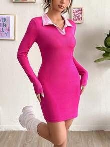 SHEIN EZwear Váy bodycon cổ tương phản - Hồng - Xem 5