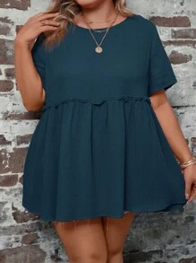 SHEIN LUNE Plus Solid Frill Trim Peplum Blouse - Navy Blue - View 5