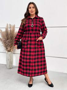 EMERY ROSE Cộng với váy vá túi in họa tiết Gingham - Đỏ - Xem 5