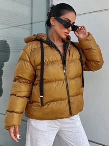 RueChic Zip Up Drawstring Hooded Puffer Coat - Brown - View 3