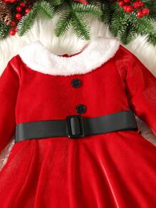 SHEIN Playful Pals 女嬰拼接邊繫腰帶洋裝適用於聖誕