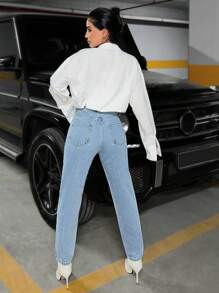 RueChic Jeans rotos de talle alto con corte de mamá - Azul - Ver 2