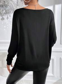 Allurite Rhinestone Chi tiết tay cánh Áo thun - màu đen - Xem 2