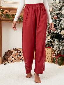 EMERY ROSE 高腰雙口袋闊腿褲 - 酒紅色 - 查看 6