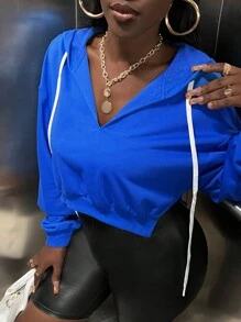 Slaydiva Slogan Graphic Drop Shoulder Drawstring Hoodie - Blue - View 6