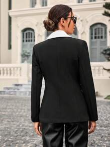 EURMUSE Contrast Trim Double Breasted Blazer - Black - View 2