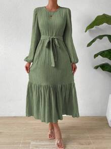 SHEIN LUNE 灯笼袖荷叶边下摆系带连衣裙 女式超长款 - 綠色 - 查看 4