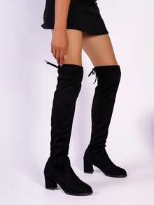 女式尖頭粗跟時尚絨面革過膝靴 - 黑色 - 查看 2