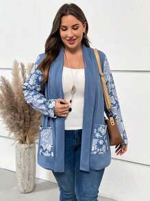 EMERY ROSE Plus Floral Print Open Front Coat - Blue - View 5