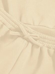 SHEIN Áo thun chui đầu và quần short thắt lưng có họa tiết chữ Tween Girl - Màu be - Xem 5