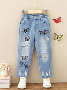 Chica Joven Jeans desgarro con estampado de mariposa - Lavado ligero - Ver 1