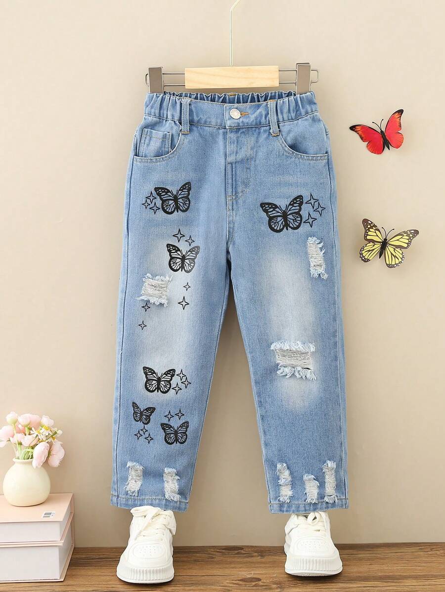 Chica Joven Jeans desgarro con estampado de mariposa - Lavado ligero - Ver 1