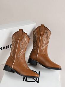 女士刺繡裝飾PU皮靴，2024新款中筒西部風格靴子，適用於秋冬戶外和假日季節，女性牛仔靴 - 棕色 - 查看 3