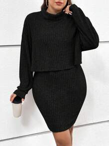 SHEIN Essnce Plus Turtleneck Drop Shoulder Tee & Slip Dress, For Winter - Black - View 5