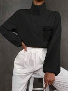 SHEIN Unity Women's Casual Everyday Commute Simple Solid Color Dropped Shoulder Loose Half-Zip Front Hoodie - Black - View 3
