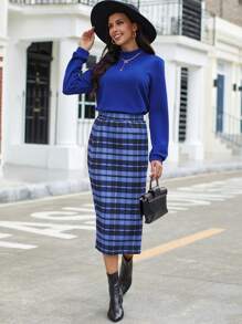 SHEIN Clasi Mock Neck Tee & Plaid Split Hem Skirt - Blue - View 1