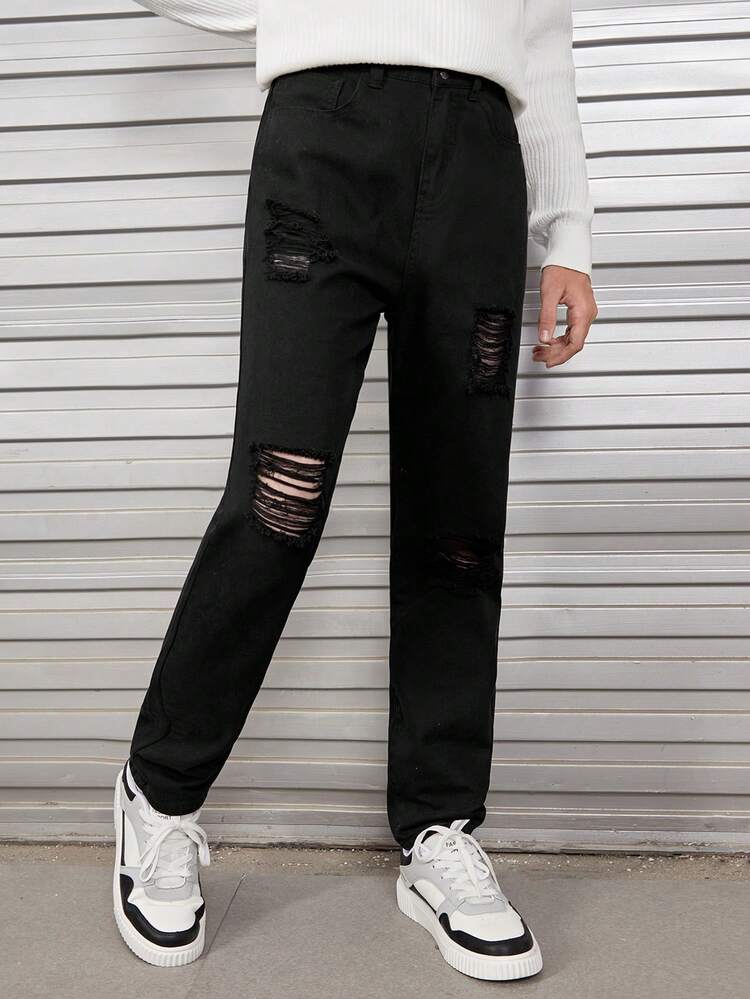 Teen Boy Ripped Washed Denim Casual Straight Leg Pants