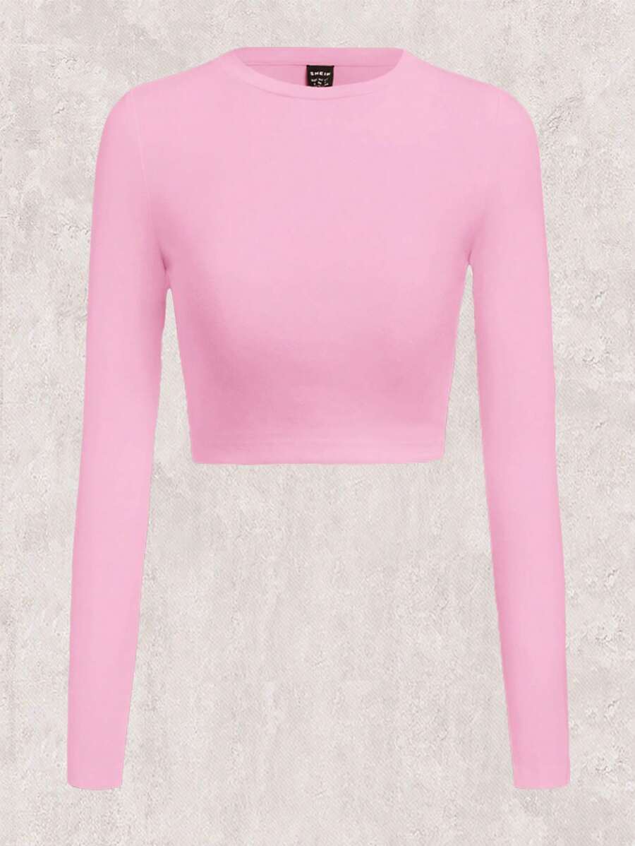 SHEIN EZwear Casual Minimalist Slim Fit Round Neck Long Sleeve Cropped Women T-Shirt, Suitable For Spring And Autumn - Hot Pink - View 1