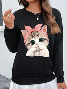 SHEIN Essnce Cat Print Drop Shoulder Sweatshirt - Black - View 4