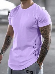 Manfinity Homme Men Letter Graphic Curved Hem Tee - Purple - View 1
