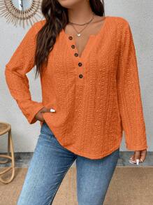 Calvaya 大碼網眼刺繡半排扣T恤