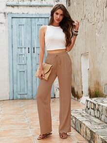 Beautiful Nomad Solid Drawstring Waist Wide Leg Pants - Mocha Brown - View 5