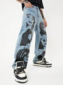 Manfinity LEGND 寬鬆男士人體印花直筒牛仔褲 - 藍色 - 查看 3