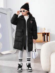 SHEIN Áo khoác đệm có túi vá chữ Tween Girl 1 mảnh - màu đen - Xem 5