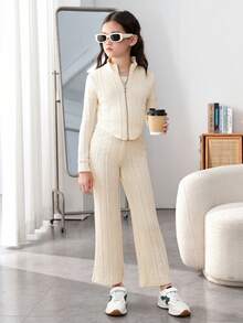 Tween Girls' Knitted Solid Color Jacquard Stand Collar Cardigan & Knitted Jumpsuit Set With Flare Pants - Apricot - View 3