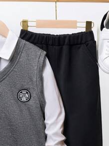 SHEIN Tween Boy Letter Patched Tank Top & Sweatpants & Shirt - Grey - View 4