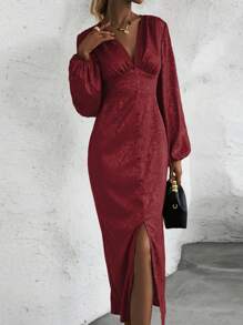 SHEIN Clasi 提花燈籠袖高衩洋裝