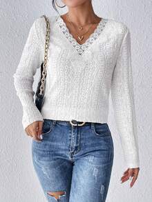 SHEIN Frenchy Guipure Lace Trim Tee - White - View 6
