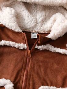 Baby Girl Contrast Binding Zipper Front 3D Ears Design Hooded Teddy Lined Zip Up Dual Pocket Jumpsuit - Brown - View 3