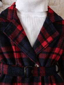 Young Boy Plaid Double Breasted Belted Tweed Overcoat Without Sweater - Multicolor - View 4
