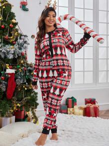 Talla grande Mameluco de dormir con estampado de Navidad con botón delantero - Rojo - Ver 5