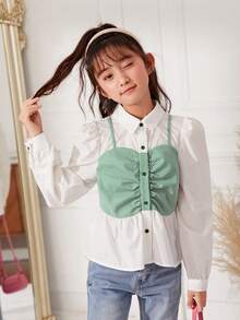 SHEIN Cô gái Tween Viền mặt trước 2 trong1 Áo sơ mi - màu xanh lá - Xem 3