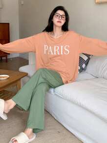 DAZY Conjunto de pijama de hombro caído con gráfico de letra - Multicolor - Ver 5