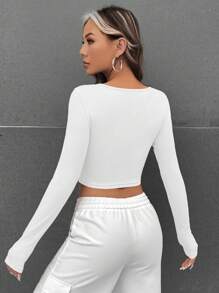 SHEIN EZwear 肋紋編織心形環身體裹短袖上衣 - 白色 - 查看 2