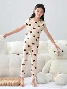 SHEIN 青少女心形印花短袖褲子緊身睡衣套裝 - 粉色 - 查看 4