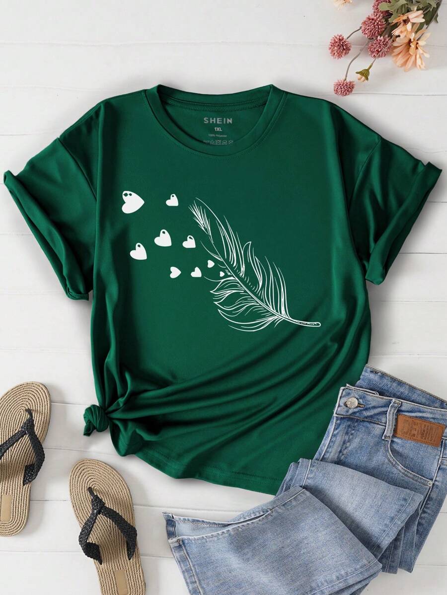 INAWLY Plus Feather And Heart Print Graphic Tee, Women Top, Summer