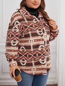 SHEIN LUNE 大碼幾何印花落肩袖翻蓋口袋法蘭絨外套 - 彩色 - 查看 5