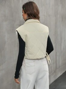 Flirla Drawstring Side Flap Detail Quilted Vest Padded Coat Clothes Winter - Beige - View 2