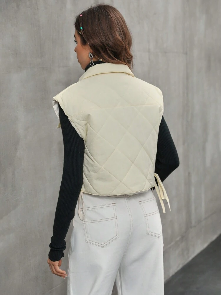 Drawstring Side Flap Detail Quilted Vest Padded Coat Clothes Winter
