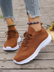 女士加大號圓頭針織透氣輕量化運動鞋,帶有鞋帶 - 棕色 - 查看 2