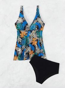 Swim Lushoire Summer Tropical Print Ruffle Hem Tie Back Dress Swimsuit - Multicolor - View 5