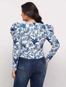 Bianca F Prints 大碼植物印花方領羊腿袖T恤 - 白色 - 查看 2