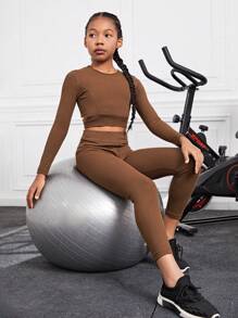 SHEIN Tween Girl Solid Crop Sports Tee & Leggings - Multicolor - View 9